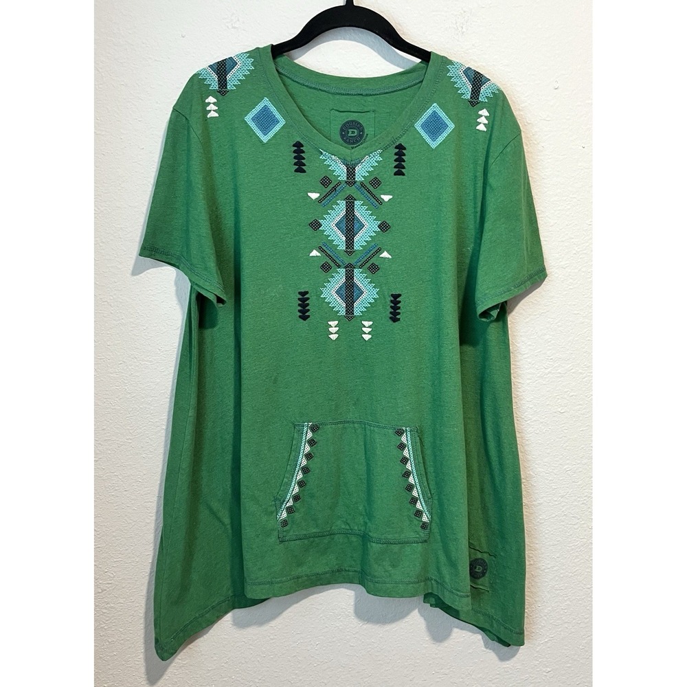 Double D Ranch Women's Tunic Top Medium Green Embroidered Kangaroo Pocket Boho